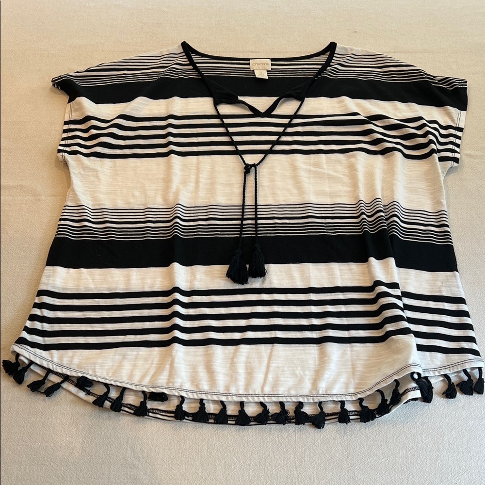 Chico's Black & White Striped Tassel-Hem Tunic